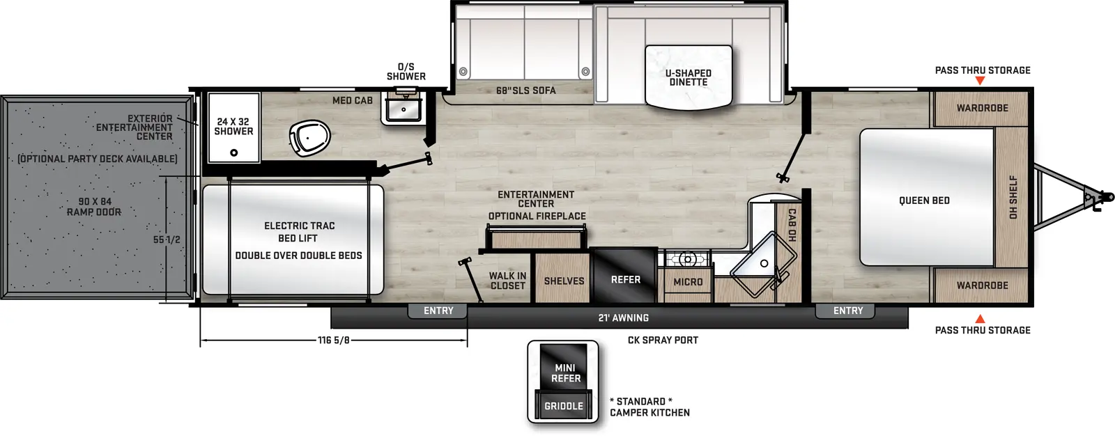 The 27THS has one slideout and two entries. Exterior features front pass through storage, outside shower, 21 foot awning, rear ramp door with optional party deck, and standard camp kitchen. Interior layout front to back: queen bed with overhead shelf, wardrobes on each side, and entry door; off-door side slideout with u-shape dinette and sofa; kitchen counter wraps from inner wall to door side with sink, overhead cabinet, microwave, cooktop, refrigerator, entertainment center with optional fireplace, and walk-in closet and shelves behind; rear off-door side full bathroom with medicine cabinet; rear door side electric trac bed lift double over double beds and second entry door. Garage dimensions: 90x84 ramp door, 55 1/2 inches from door side wall to bathroom wall, 116 5/8 inches from rear to walk-in closet.